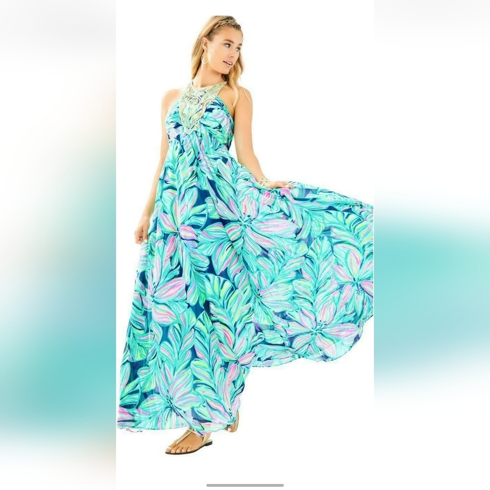 Lilly Pulitzer Lannette Maxi Dress High Tide Navy Dancing Lady Size 14